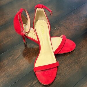 Olivia Ferguson Classic Suede Red Ankle-Strap Heels with Slim Heel